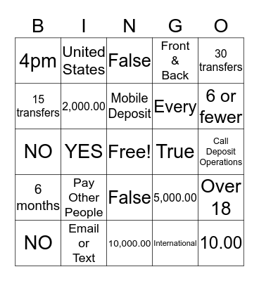 POP Money & Mobile Deposit Bingo Card