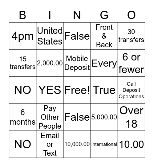 POP Money & Mobile Deposit Bingo Card