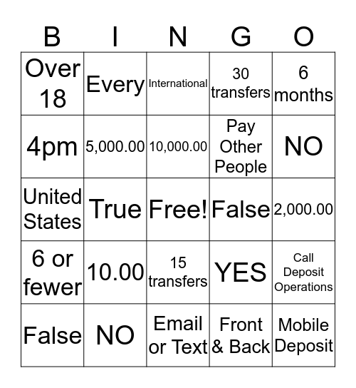 POP Money & Mobile Deposit Bingo Card