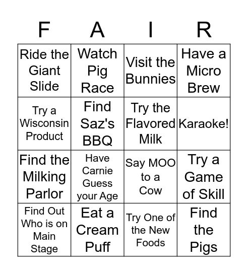Wisconsin State Fair Bingo Card