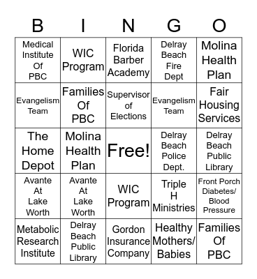 Community Health Fair/ Back To School Fair Bingo Card