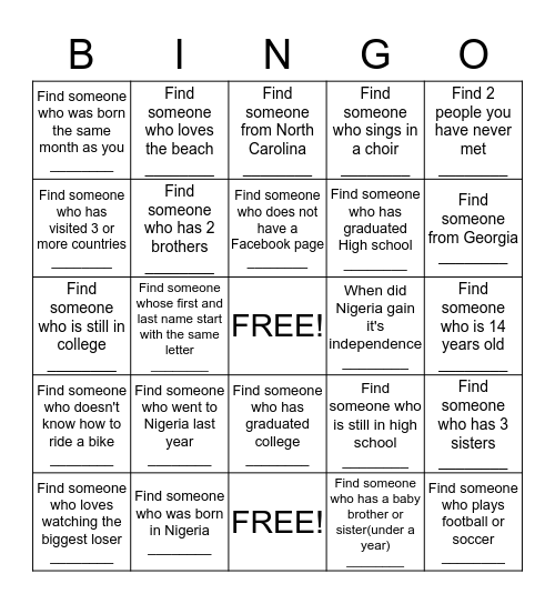Getting to Know Our Youth Bingo Card