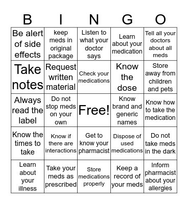 Medication Safety Bingo Card