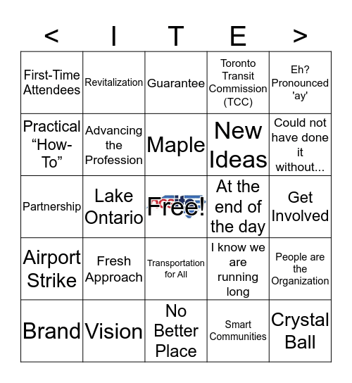 ITE/CITE 2017 Annual Meeting Bingo - Sponsored by the North Carolina Section of ITE (NCSITE) Bingo Card