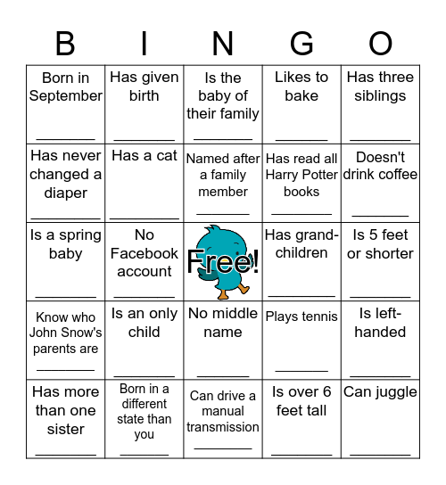 "Birds of a Feather" Bingo Card