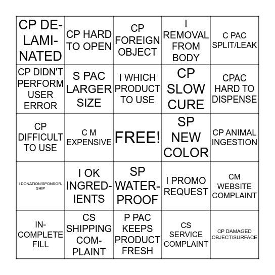 ePC REASON CODE BINGO Card