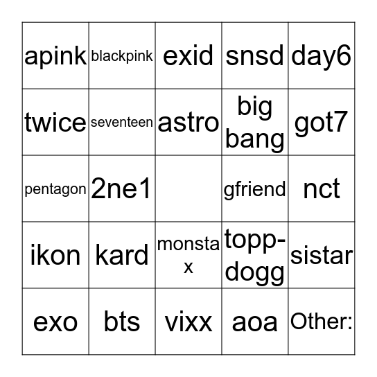 kpop Bingo Card