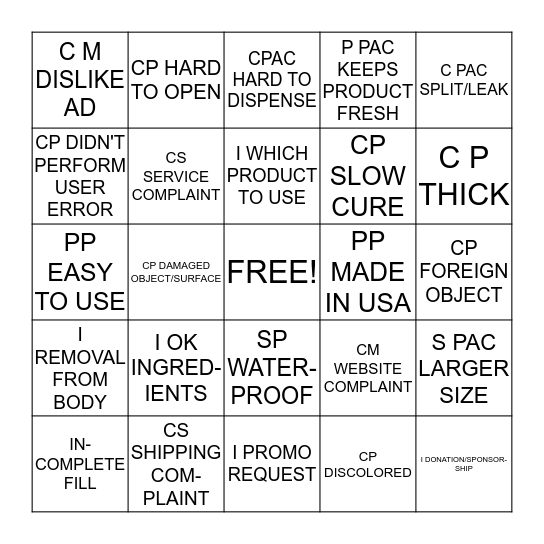 ePC REASON CODE BINGO Card