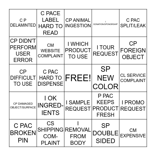 ePC REASON CODE BINGO Card