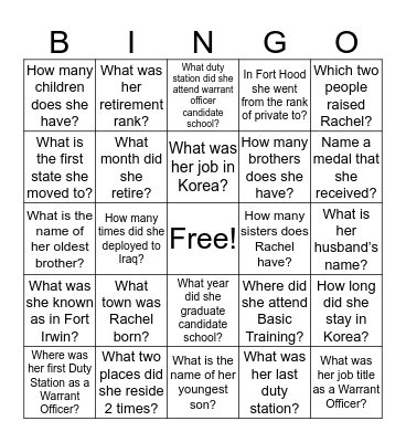 CW2 WILSON RETIRMENT CELEBRATION Bingo Card