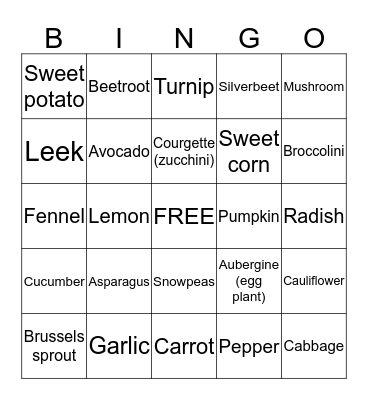 FRUITS AND VEGETABLES Bingo Card