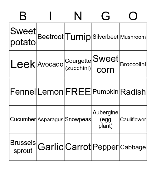 FRUITS AND VEGETABLES Bingo Card