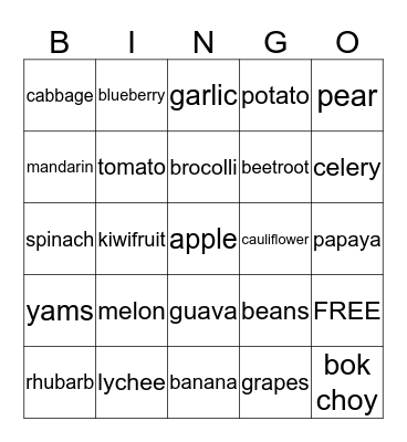 FRUITS AND VEGETABLES Bingo Card