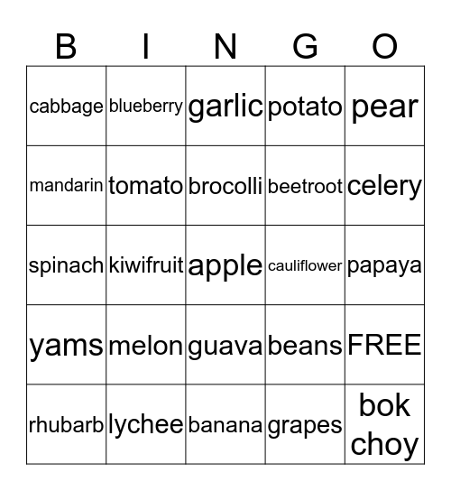 FRUITS AND VEGETABLES Bingo Card