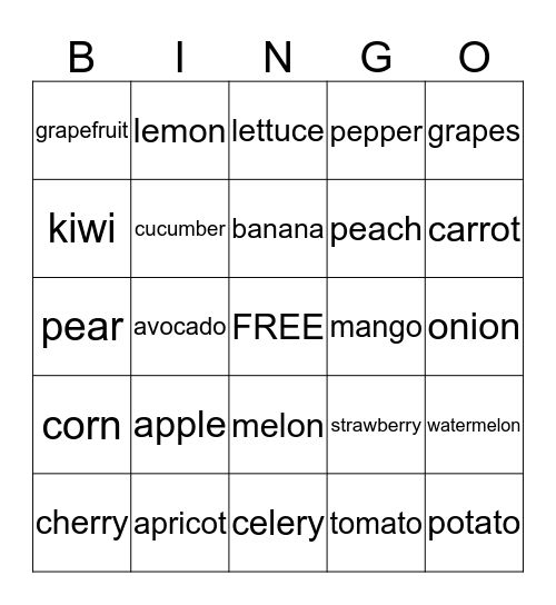 FRUITS AND VEGETABLES Bingo Card