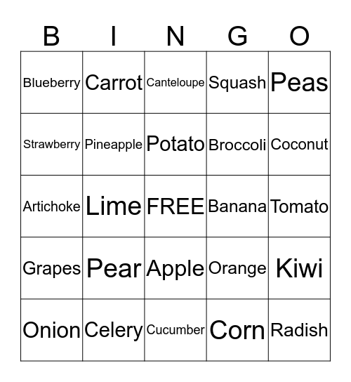 Fruits & Vegetables Bingo Card