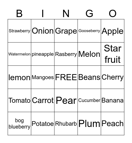 vegetables,berries Bingo Card