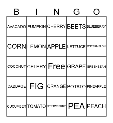 FRUITS AND VEGETABLES Bingo Card