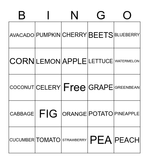 FRUITS AND VEGETABLES Bingo Card