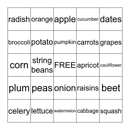 FRUITS AND VEGETABLES Bingo Card