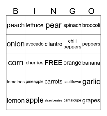 FRUITS AND VEGETABLES Bingo Card