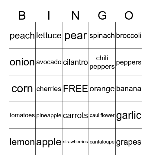 FRUITS AND VEGETABLES Bingo Card