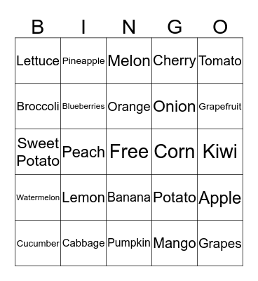 FRUITS AND VEGETABLES Bingo Card