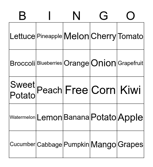 FRUITS AND VEGETABLES Bingo Card