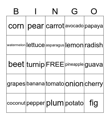 FRUITS AND VEGETABLES Bingo Card