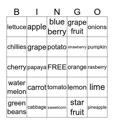 fruit and vegetables Bingo Card