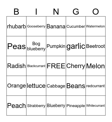 FRUITS AND VEGETABLES Bingo Card