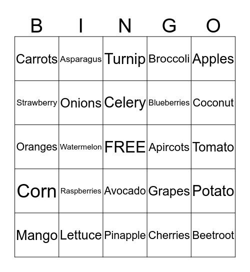 FRUITS AND VEGETABLES Bingo Card
