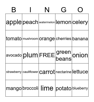 FRUITS AND VEGETABLES Bingo Card