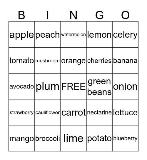 FRUITS AND VEGETABLES Bingo Card