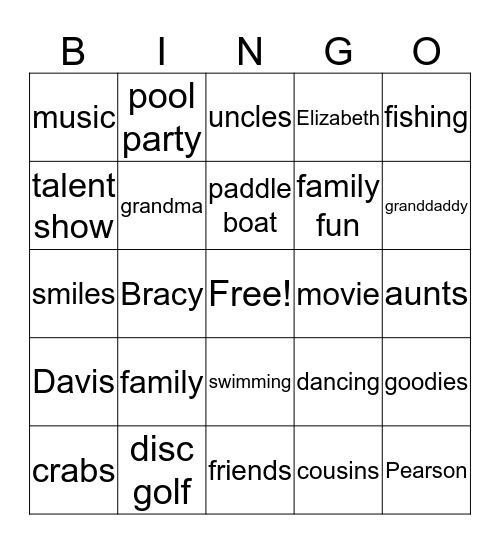 Family Reunion Bingo Card