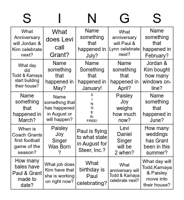 Singer's Bingo August 2017 Bingo Card