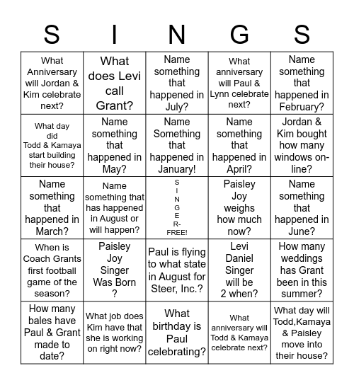 Singer's Bingo August 2017 Bingo Card