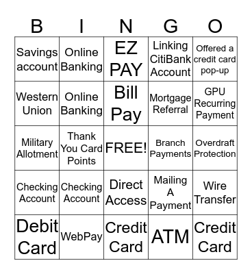 PAYMENT METHODS BINGO Card