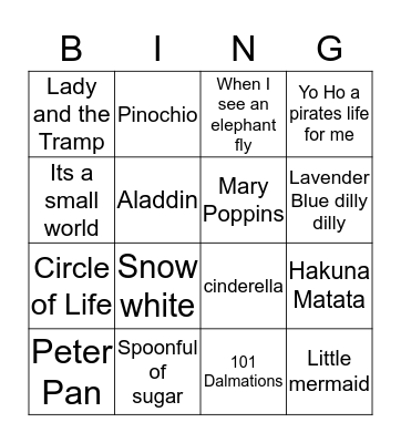Disney Music Bingo Card
