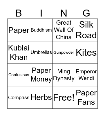 Ancient Chinese History Bingo Card
