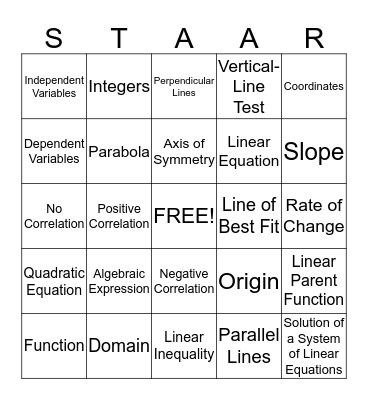 Algebra I Bingo Card