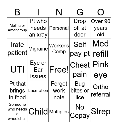 Convenient Care Bingo Card