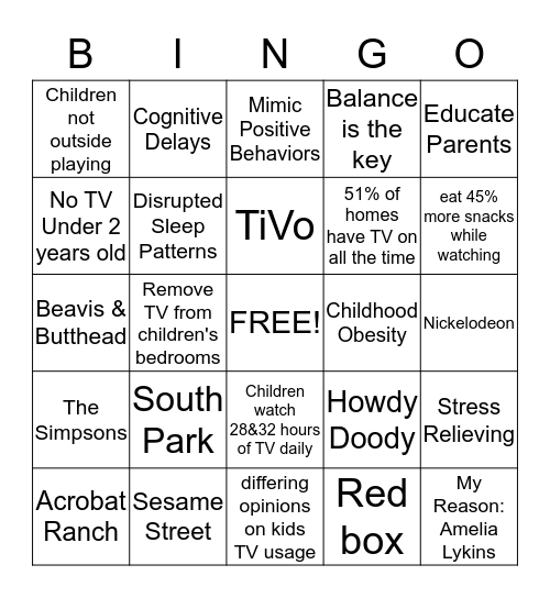 TV & Children Bingo Card