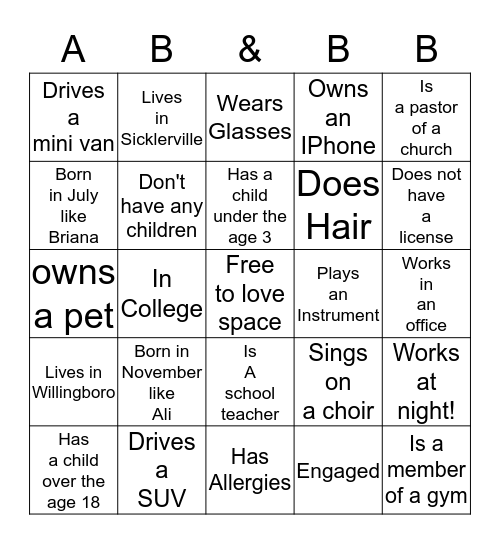 Find people that match your squares & have them initial! Bingo Card