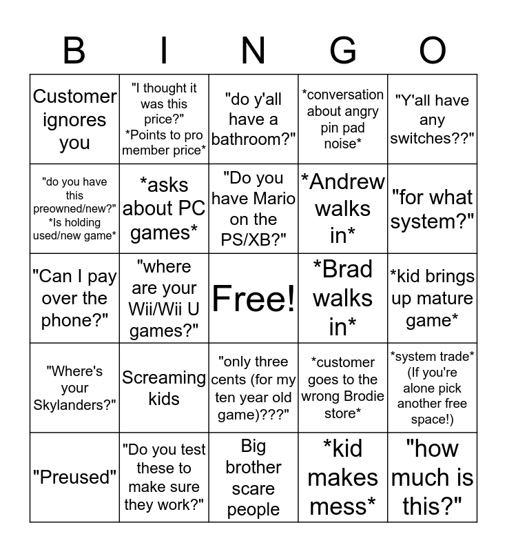 Welcome to GameStop Bingo Card