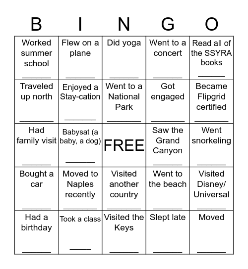 Summer Bingo: Find someone who..... Bingo Card