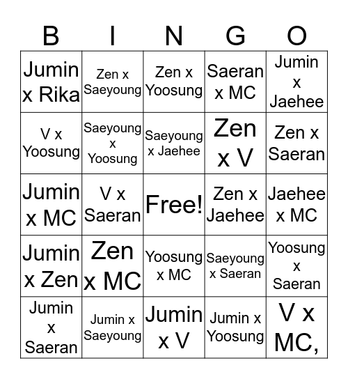 Mystic Messenger Ships Bingo Card