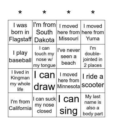 1st Period Bingo Card