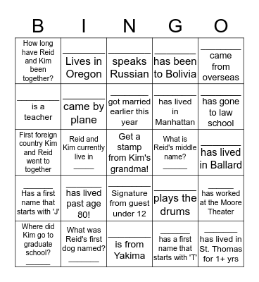 Reid and Kim Gettin' hitched Trivia BINGO!! Bingo Card