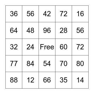 Multiplication by 6, 7, & 8 Bingo Card